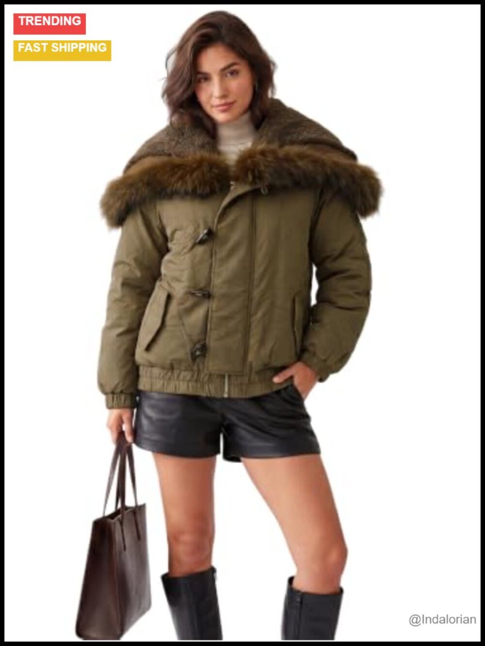 Faux Fur Trim Hooded Puffer Coat Toggle Buttons Zip Up Fleece Lined Parka